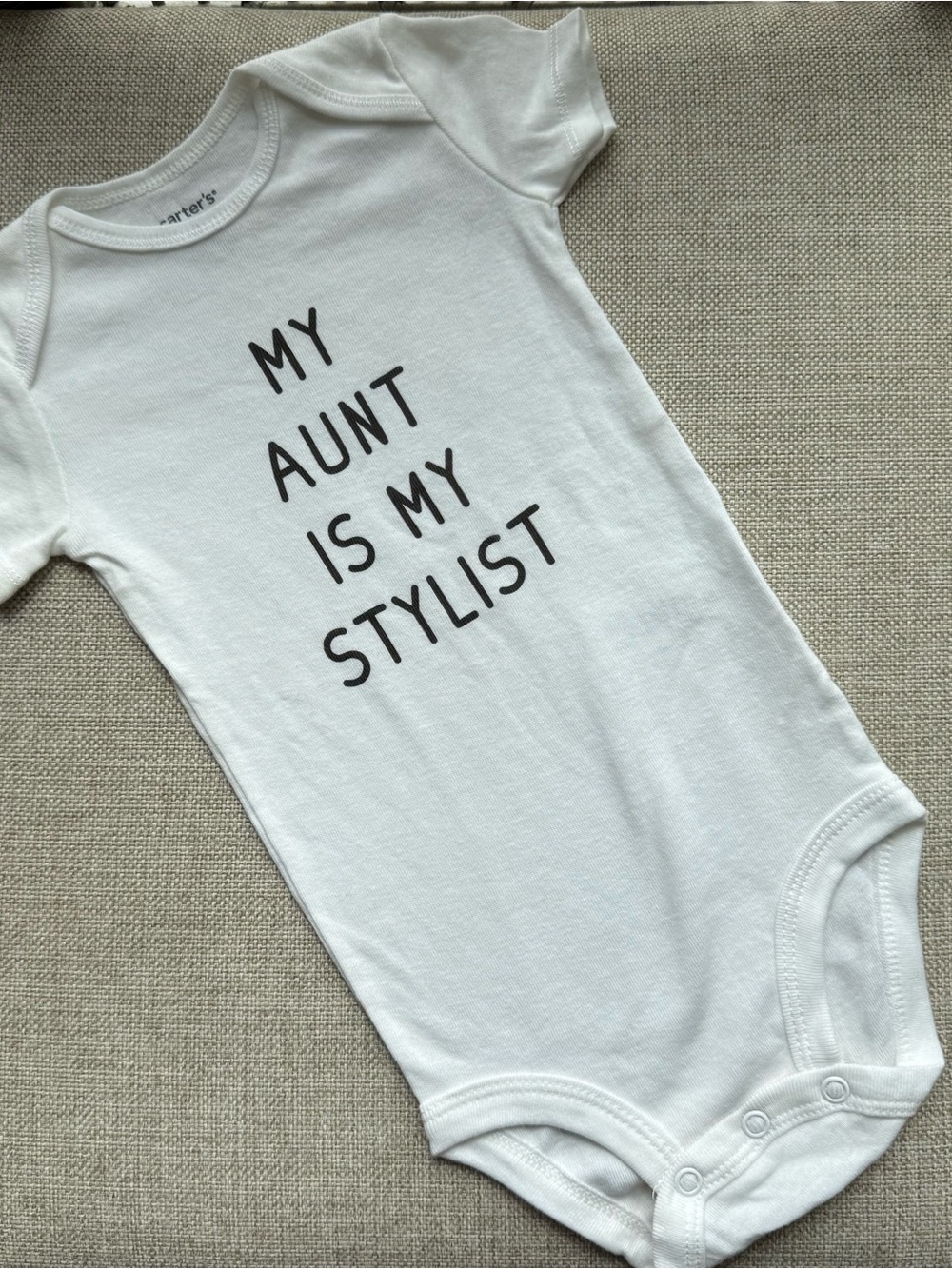 Carter's White Baby Onesie with Black Text "My Aunt Is My Stylist"